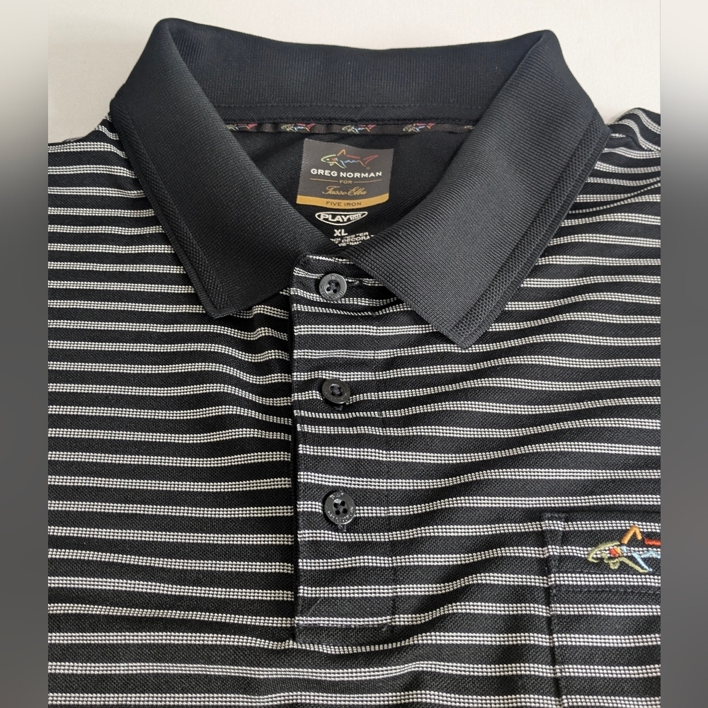 Greg Norman Men’s Five Iron Play Dry Polo Shirt Black White Striped Size XL EUC - Picture 7 of 10